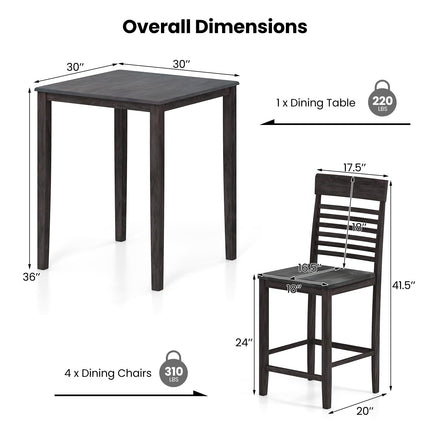 Dreamade Counter-Height Square Kitchen Table and 4 Chairs Set with Rubber Wood Frame