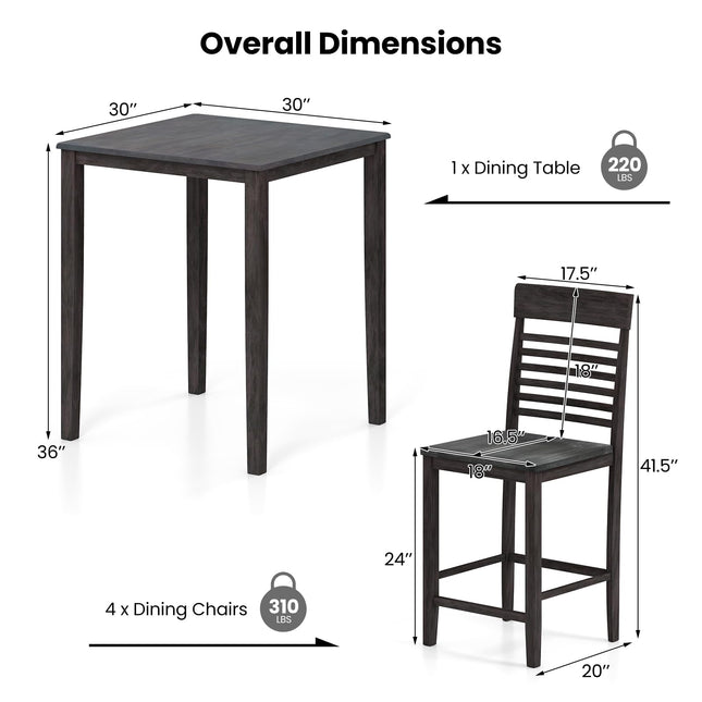 Dreamade Counter-Height Square Kitchen Table and 4 Chairs Set with Rubber Wood Frame