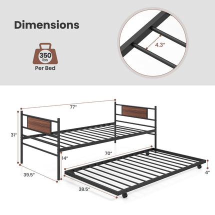 Dreamade Metal Daybed with Trundle, Twin Size Day Bed with Wood Grain Headboard & Metal Slat Support