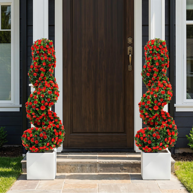 Dreamade 3FT Realistic Fake Rose Bushes Outdoor Faux Plants with Sun Protection & Ground Spikes Set of 2