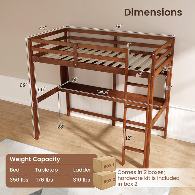 Dreamade Twin Loft Bed with Desk and Bookshelf, Wooden Bed Frame with Safety Guardrail & Ladder
