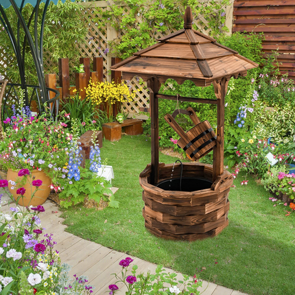 Dreamade Rustic Wishing Well Fountain, Outdoor Wooden Water Fountain with Electric Pump