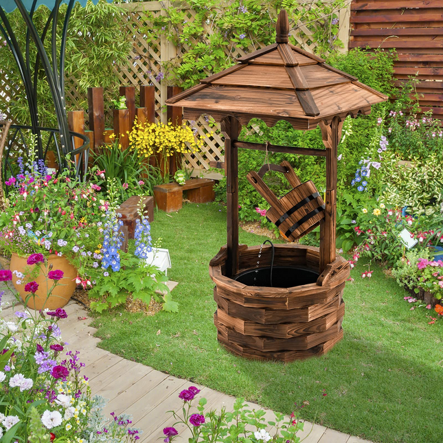 Dreamade Rustic Wishing Well Fountain, Outdoor Wooden Water Fountain with Electric Pump