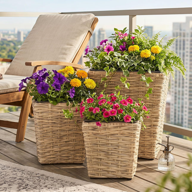 Dreamade 3-Piece Rattan Planter Box Kit with Removable Plastic Liners
