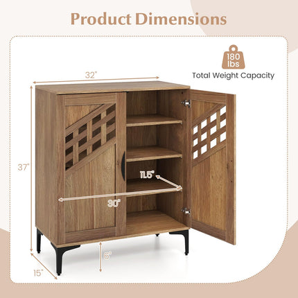 Dreamade 4-Tier Wooden Shoe Organizer Cabinet with Hollow Woven Doors & 3 Removable Shelves