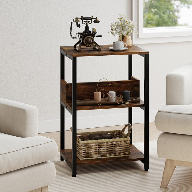 Dreamade Side Table with Charging Station - Industrial 3-Tier Bedside Table w/Open Storage Shelves