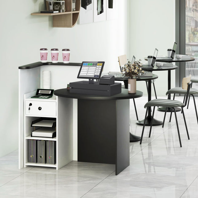 Dreamade Reception Desk, Front Counter Desk with Lockable Drawer, Checkout Table with Round Tabletop