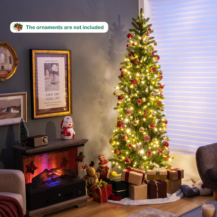 Dreamade 6ft / 7ft Pre-Lit Pencil Christmas Tree, Hinged Artificial Slim Tree with 648 PVC PE Branch Tips - DreamadeUS