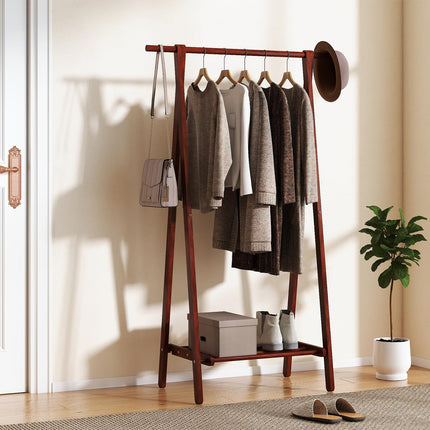 Dreamade Folding Rubber Wood Clothes Hanging Rack Standing Garment Rack with Bottom Storage Shelf