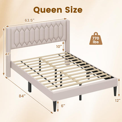 Dreamade Queen Size Dutch Velvet/Linen Fabric Upholstered Platform Bed with Wingback Headboard and Wooden Slat Support