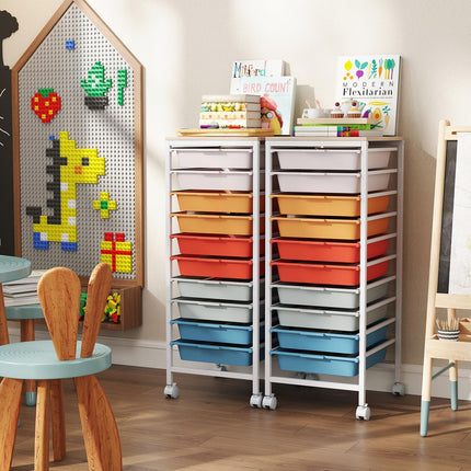Dreamade 10-Drawer Rolling Storage Cart Mobile Utility Organizer with Wooden Tabletop and Lockable Wheels