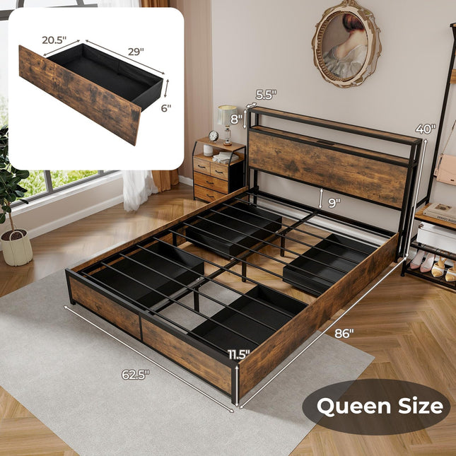 Dreamade Queen/Full Bed Frame with LED Lights Headboard and 4 Storage Drawers