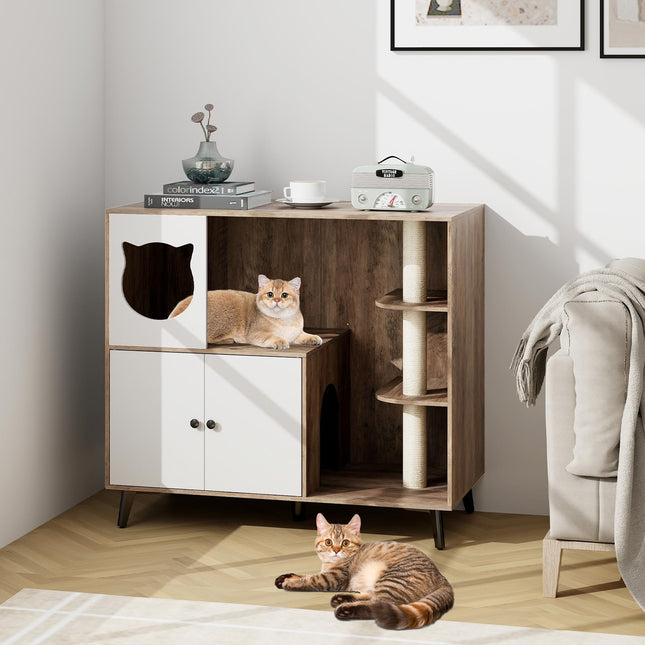 Dreamade Cat Litter Box Enclosure - Wooden Cat House Washroom Hidden Furniture with Cat Tree