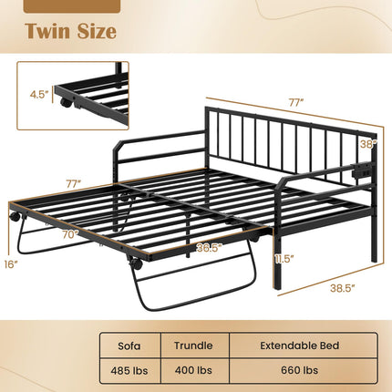 Dreamade Twin Daybed with Trundle, Twin Bed Frame with Charging Station & LED Lights, Metal Trundle Bed Twin w/Steel Slats Support