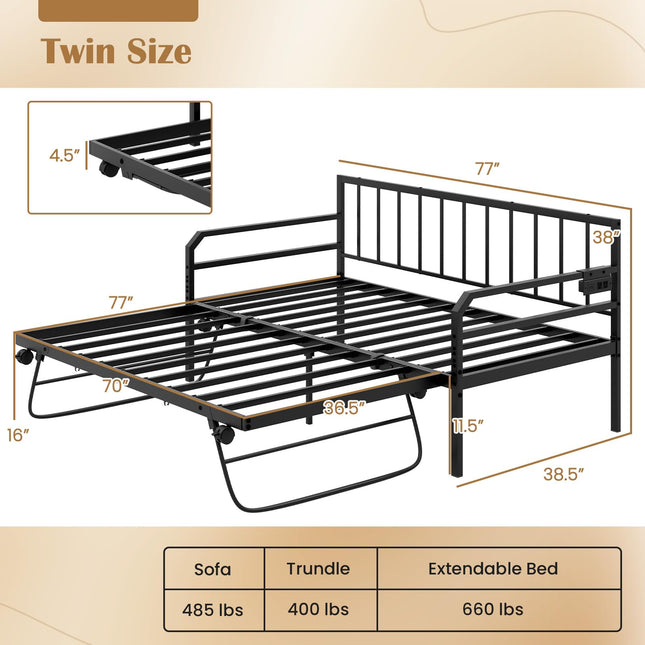 Dreamade Twin Daybed with Trundle, Twin Bed Frame with Charging Station & LED Lights, Metal Trundle Bed Twin w/Steel Slats Support