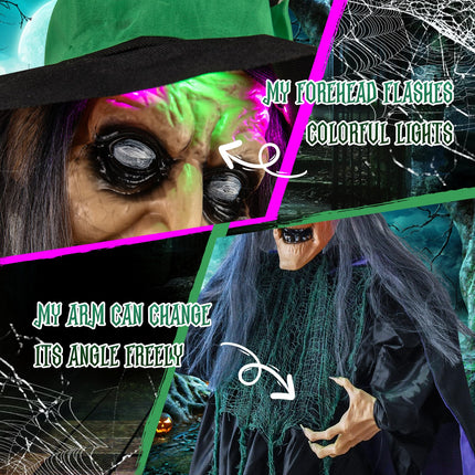 Dreamade Witch with Broomstick Halloween Animatronic, Life Size Animated Halloween Prop with Laughing and Screaming Sound
