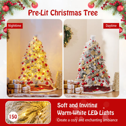 Dreamade 4.5ft Pre-Lit Snow Flocked Christmas Tree, Artificial Hinged Full Xmas Tree with 279 PVC & Pine Needles