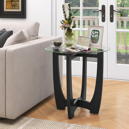 Dreamade Glass End Table, Round Side Table with Rubber Wood Frame & Tempered Glass Top, 23.5" Small Black Coffee Table