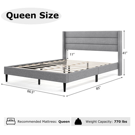 Dreamade Queen/Twin Size Bed Frame, Modern Linen Upholstered Platform Bed with Wingback Headboard