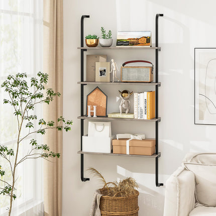 Dreamade 4-Tier Industrial Bookshelf, Wall Mounted Pipe Shelving Unit, Floating Shelves with Metal Frame