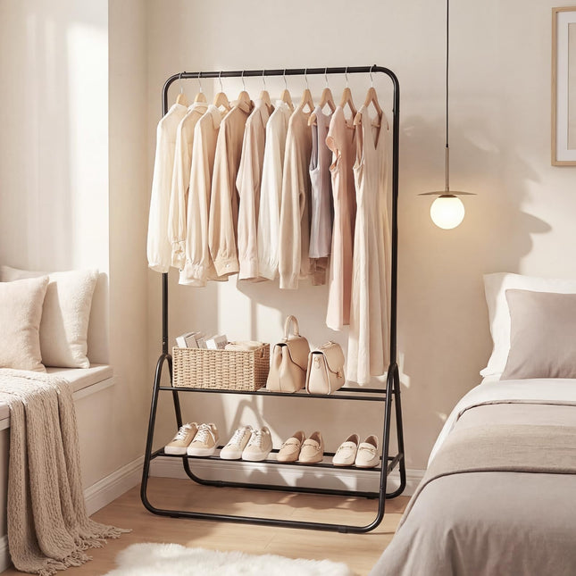 Dreamade Heavy Duty Clothes Rack | Metal Garment Rack with Hanging Rod and Storage Shelves