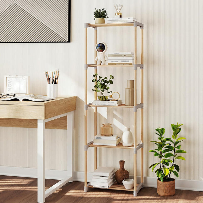 Dreamade 5-Tier Bookshelf | Pine Wood Bookcase with Freestanding Storage Organizer