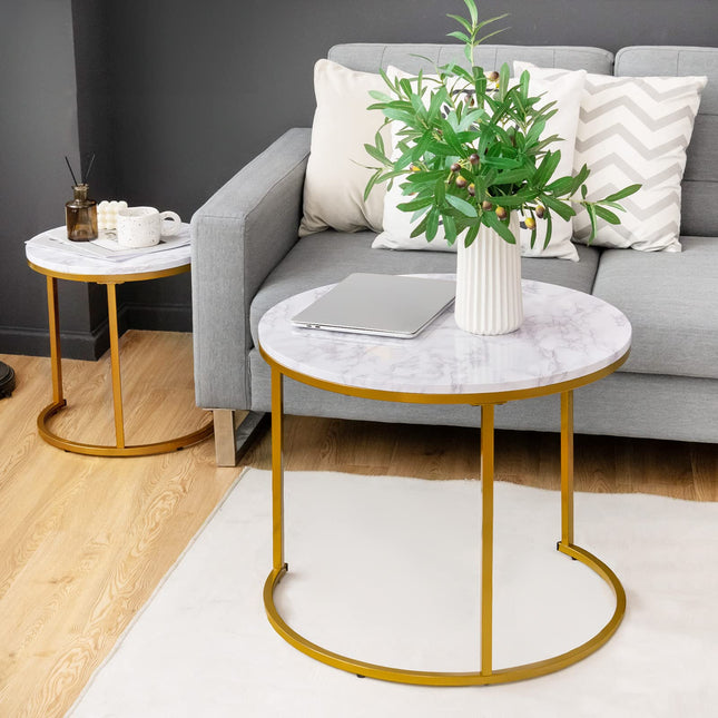Dreamade Nesting Coffee Table Set of 2, Round Stacking Side Tables with Wooden Tabletop & Powder Coated Steel Frame