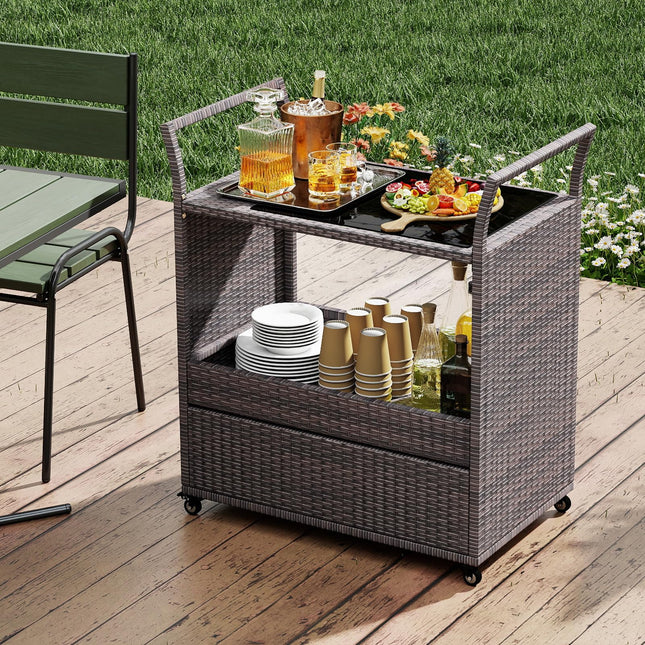 Dreamade Rolling Wicker Cart W/Shelves and Big Drawer for Dining Room