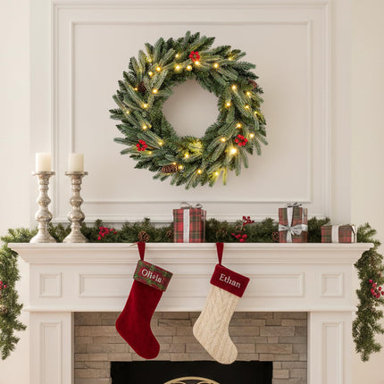 24” Pre-lit Christmas Wreath Front Door Artificial Xmas Wreath with 90 Frosted Branch Tips