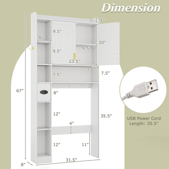 Dreamade Over The Toilet Storage Cabinet with LED Light Doors Toilet Paper Holder