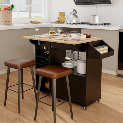 Dreamade Rolling Kitchen Island Cart with Drop Leaf, Power Outlet, Spice Rack, 12 Wine Rack