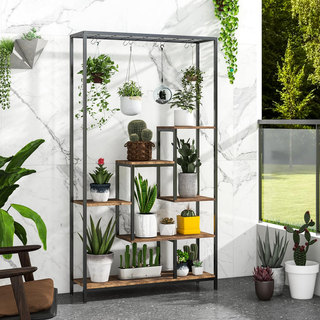 Dreamade 71" Tall Plant Stand Indoor, 6-Tier Metal Plant Shelf with 10 Hanging Hooks