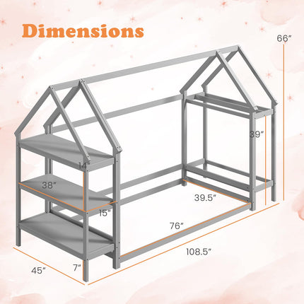 Dreamade Twin Floor Bed, Wood Montessori Floor Bed with Detachable 3 Tier Storage Bookshelf & Clothes Rack