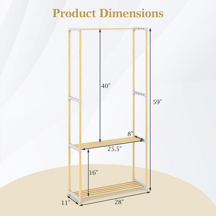 Dreamade Pine Wood Clothes Rack with 2-Tier Open Storage Shelf for Hanging Clothes