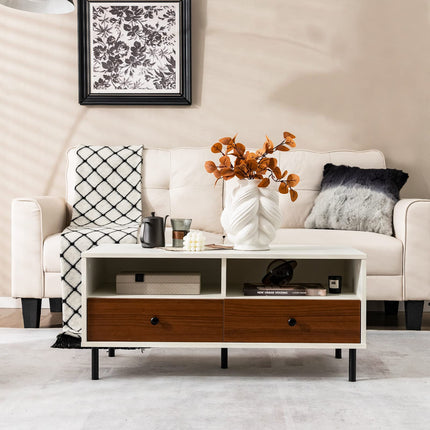 Dreamade Rectangular Coffee Table with Storage, 2 Tier Wood Tea Table with 2 Drawers
