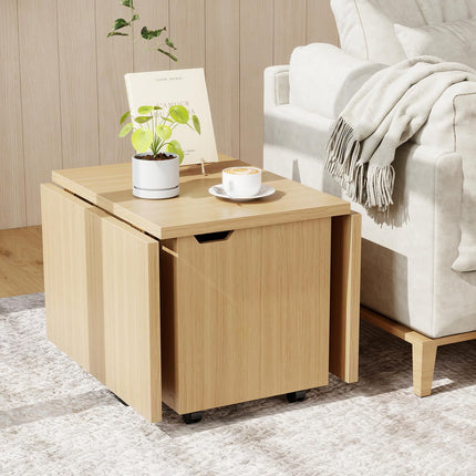 Dreamade Folding Coffee Table 48 Inch Drop Leaf Extendable Center Table with Storage Cabinet & Wheels
