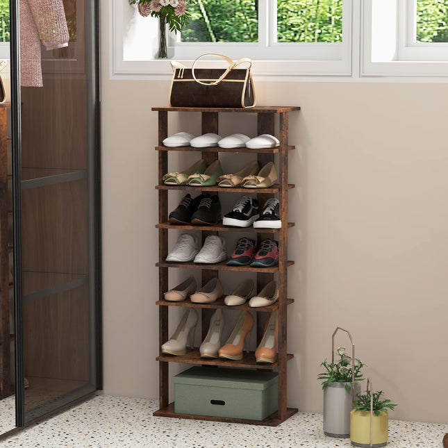 Dreamade 7-Tier Wooden Shoe Rack, Double Row Shoe Organizer for 14 Pairs, Customizable Height