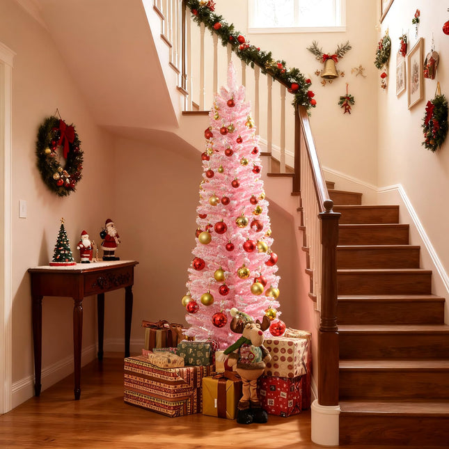 Dreamade 5ft / 6ft Pink Slim Pencil Christmas Tree | Snow Flocked Skinny Xmas Full Tree