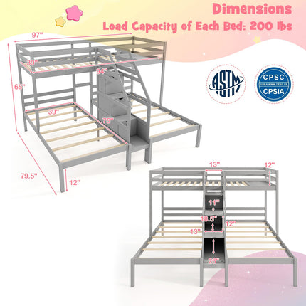 Dreamade Twin Over Twin & Twin Bunk Bed Triple Bunk Beds with 4-Step Storage Stair