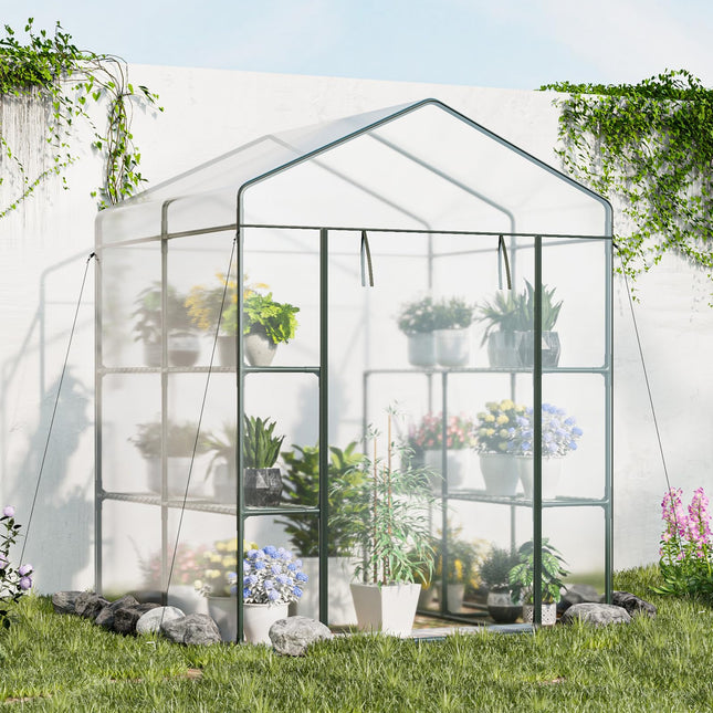 Dreamade Walk-in Greenhouse w/ 3 Tiers 4 Shelves, 4 Ground Stakes & Ropes, PVC Cover
