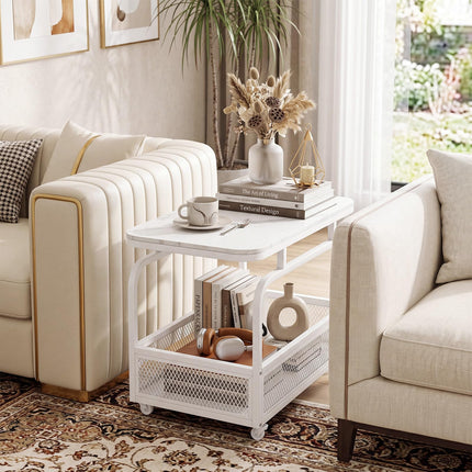 Dreamade Rolling Side Table | 2-Tier End Table with Mesh Storage Basket (1/2)