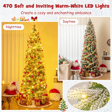 Dreamade 9 FT Pre-Lit Pencil Christmas Tree, Artificial Snow Flocked Hinged Fake Slim Xmas Tree with 470 Warm-White LED Lights