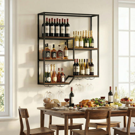 Dreamade Wall Mounted Wine Rack 6-Tier Hanging Bar Shelf with Bottle Display Shelf and Glass Holder
