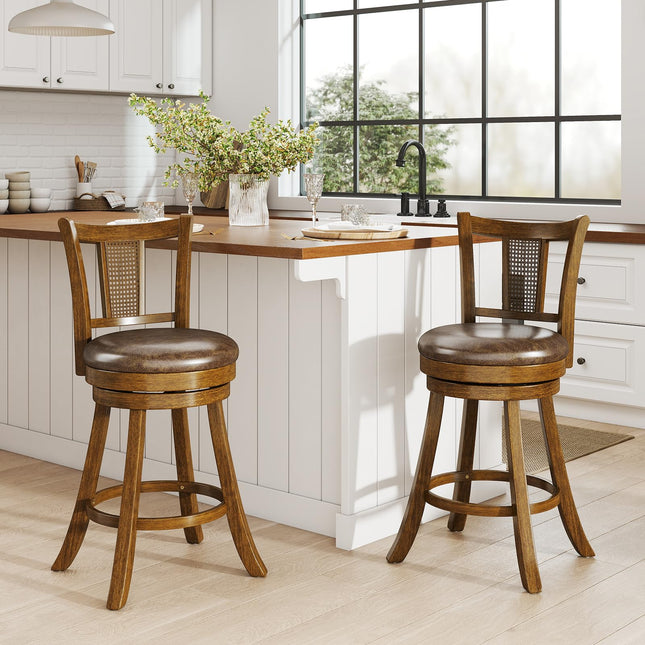Dreamade 25" Bar Stools Set Swivel Counter Height Bar Chairs with PE Rattan Back