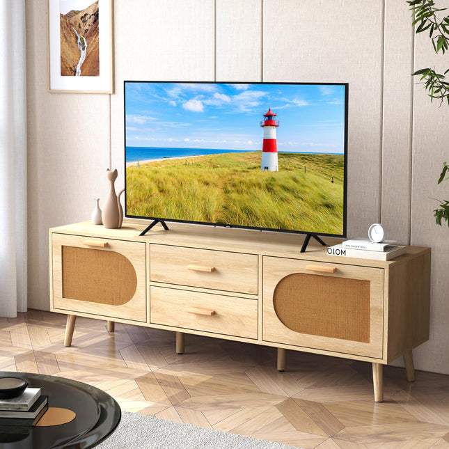 Dreamade Rattan TV Stand for TVs up to 65 Inch, 59" TV Console Cabinet with Drawers & Solid Wood Legs