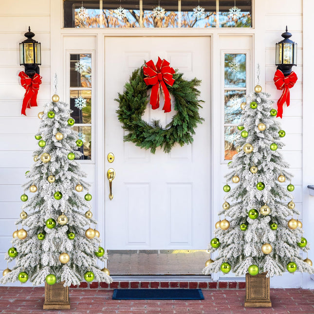 Dreamade 6ft Snow Flocked Christmas Tree for Entrances, Hinged Artificial Potted Xmas Tree with 48 Ball Ornaments