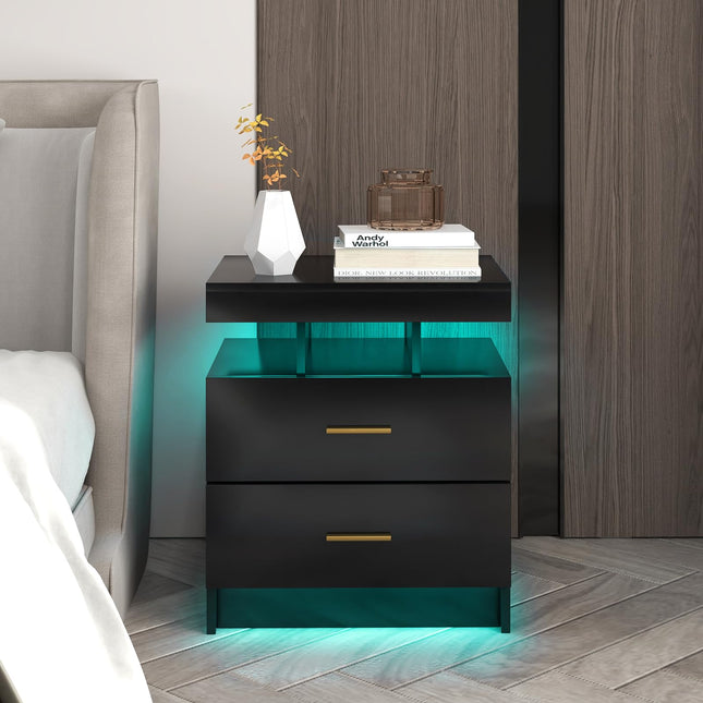 Dreamade LED Nightstand, Modern Black Bedside Tables with 2 Storage Drawers