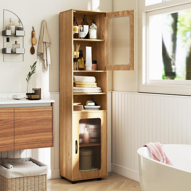 Dreamade 67" Tall Bathroom Storage Cabinet | Narrow Freestanding Cabinet with 2 Fluted Doors