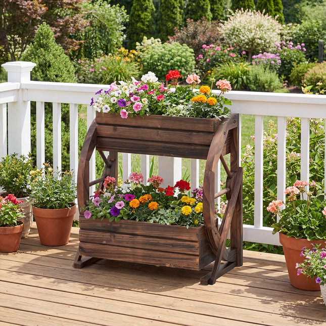 Dreamade Wooden Wagon Planter Box for Patio Garden Balcony