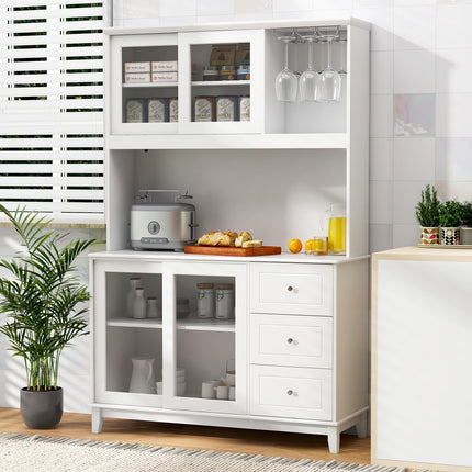 Dreamade 73" Kitchen Pantry Storage Cabinet, Hutch Cabinet with LED Lights & Power Outlet, Kitchen Buffet Cabinet w/Wine Glass Racks